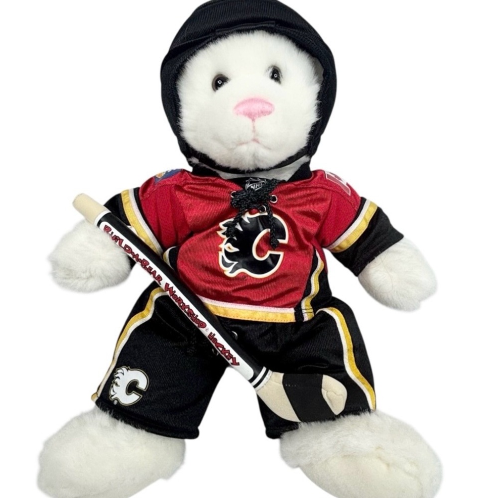 BAB 15” White Plush Bear Wearing NHL Calgary Flames Jersey Pants & Helmet